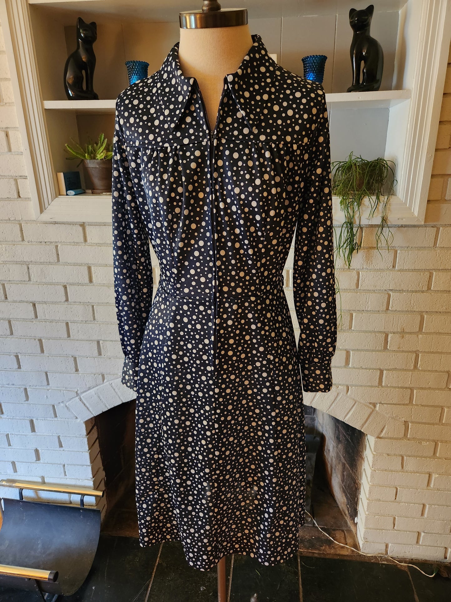 Vintage Blue and White Polka Dot Long Sleeve Dress