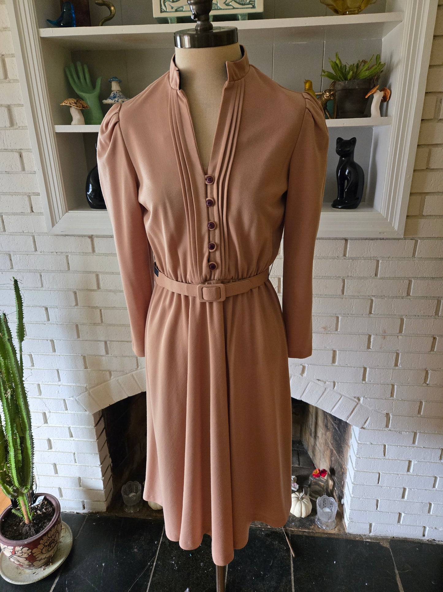 Vintage Long Sleeve Tan and Blue Dress