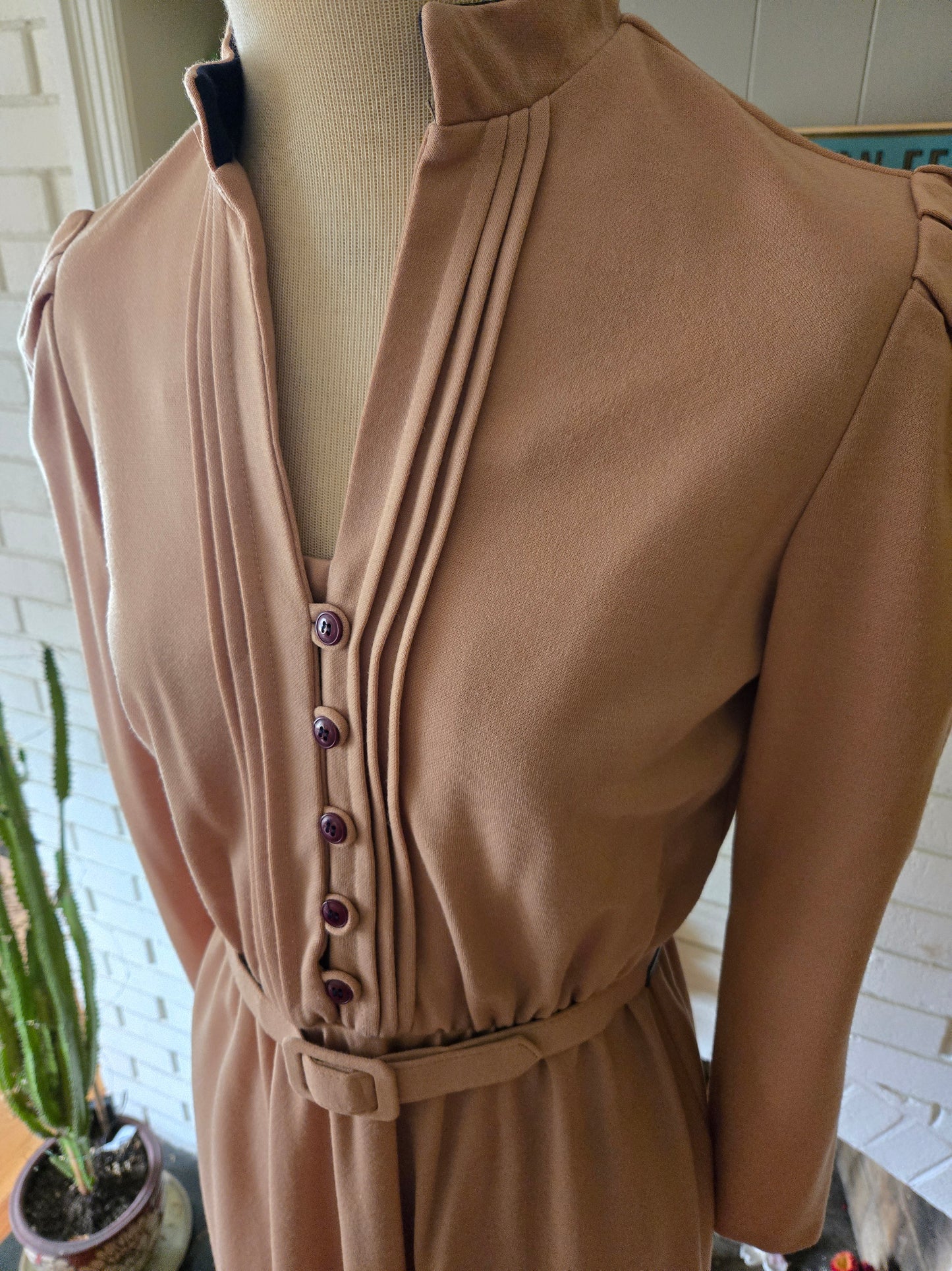 Vintage Long Sleeve Tan and Blue Dress