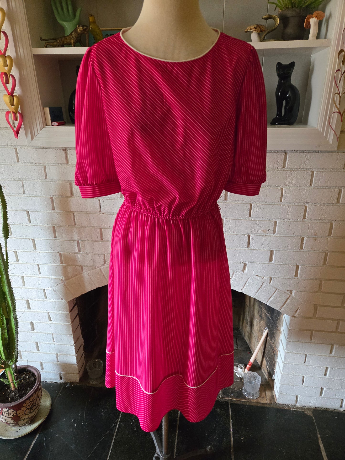 Vintage Short Sleeve Red and Pink Striped Dress
