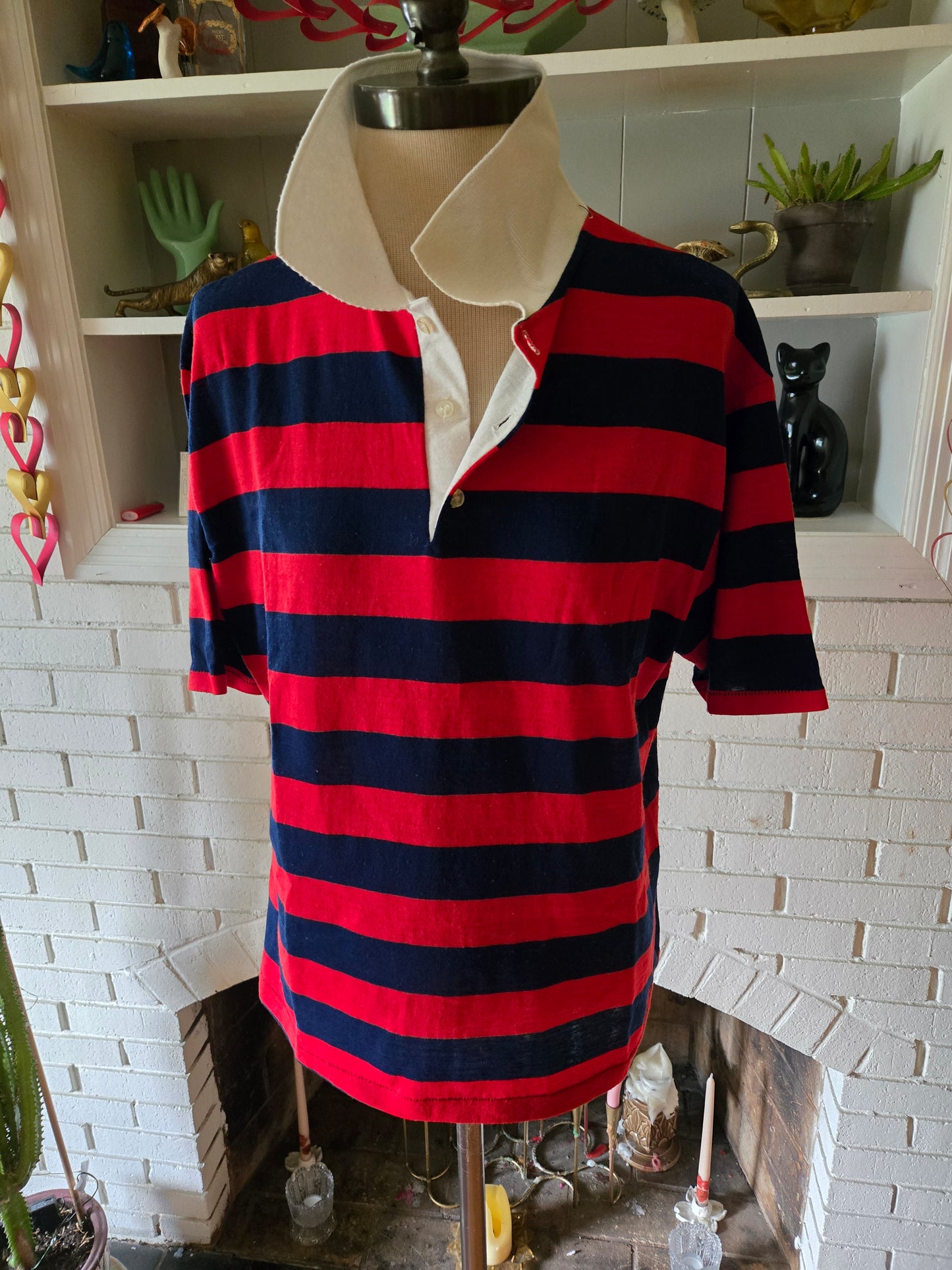 Vintage Short Sleeve Red and Blue Striped Polo Shirt by Seasport Sportswear