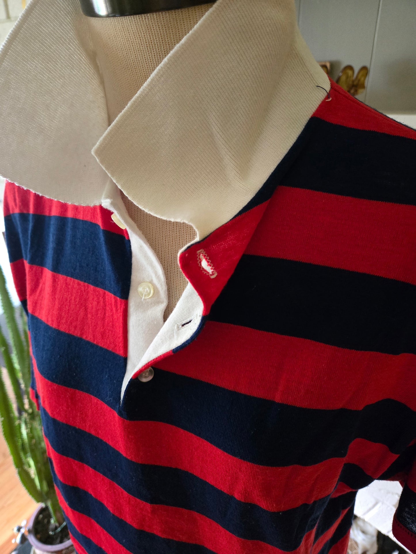 Vintage Short Sleeve Red and Blue Striped Polo Shirt by Seasport Sportswear