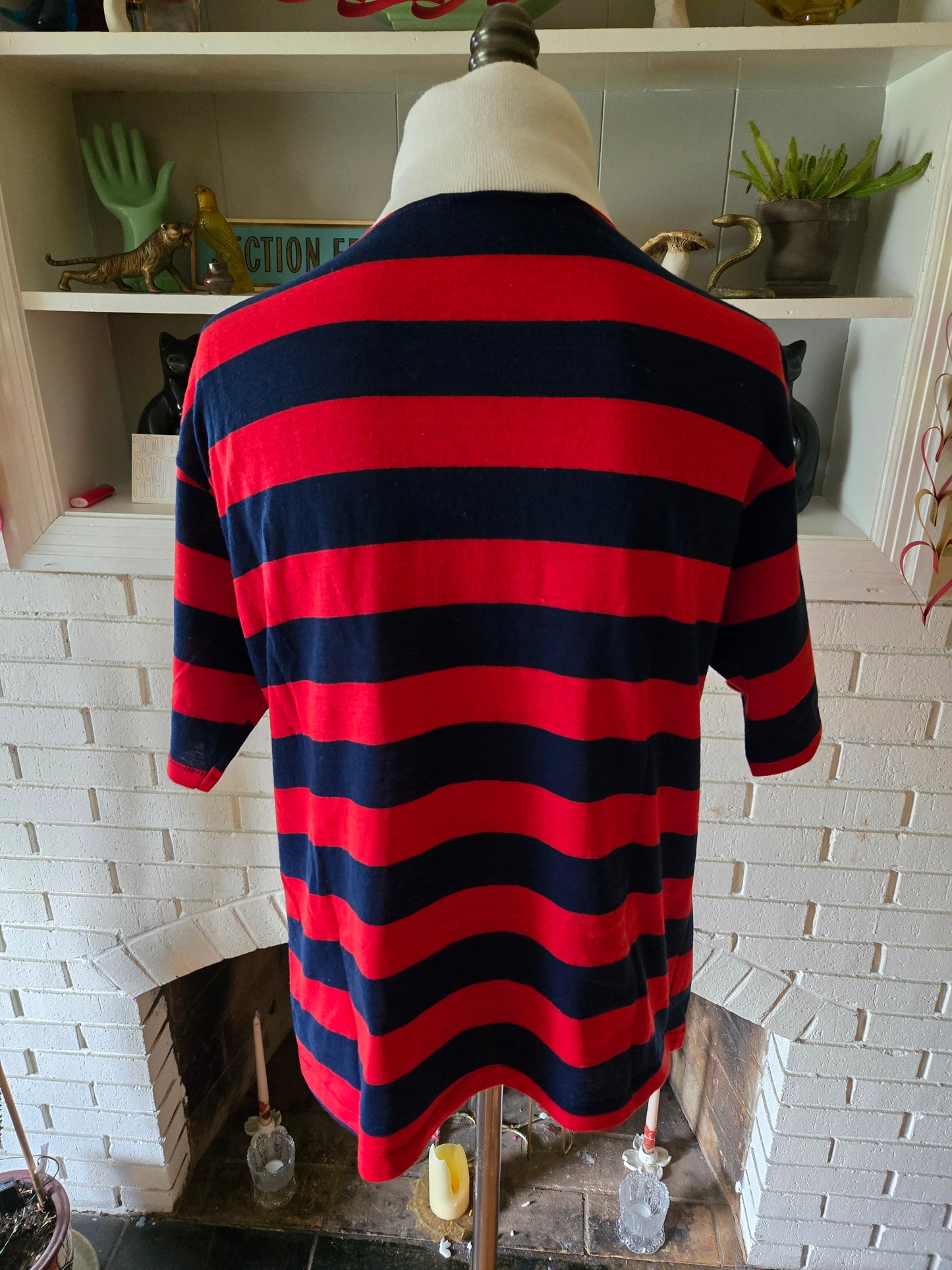 Vintage Short Sleeve Red and Blue Striped Polo Shirt by Seasport Sportswear