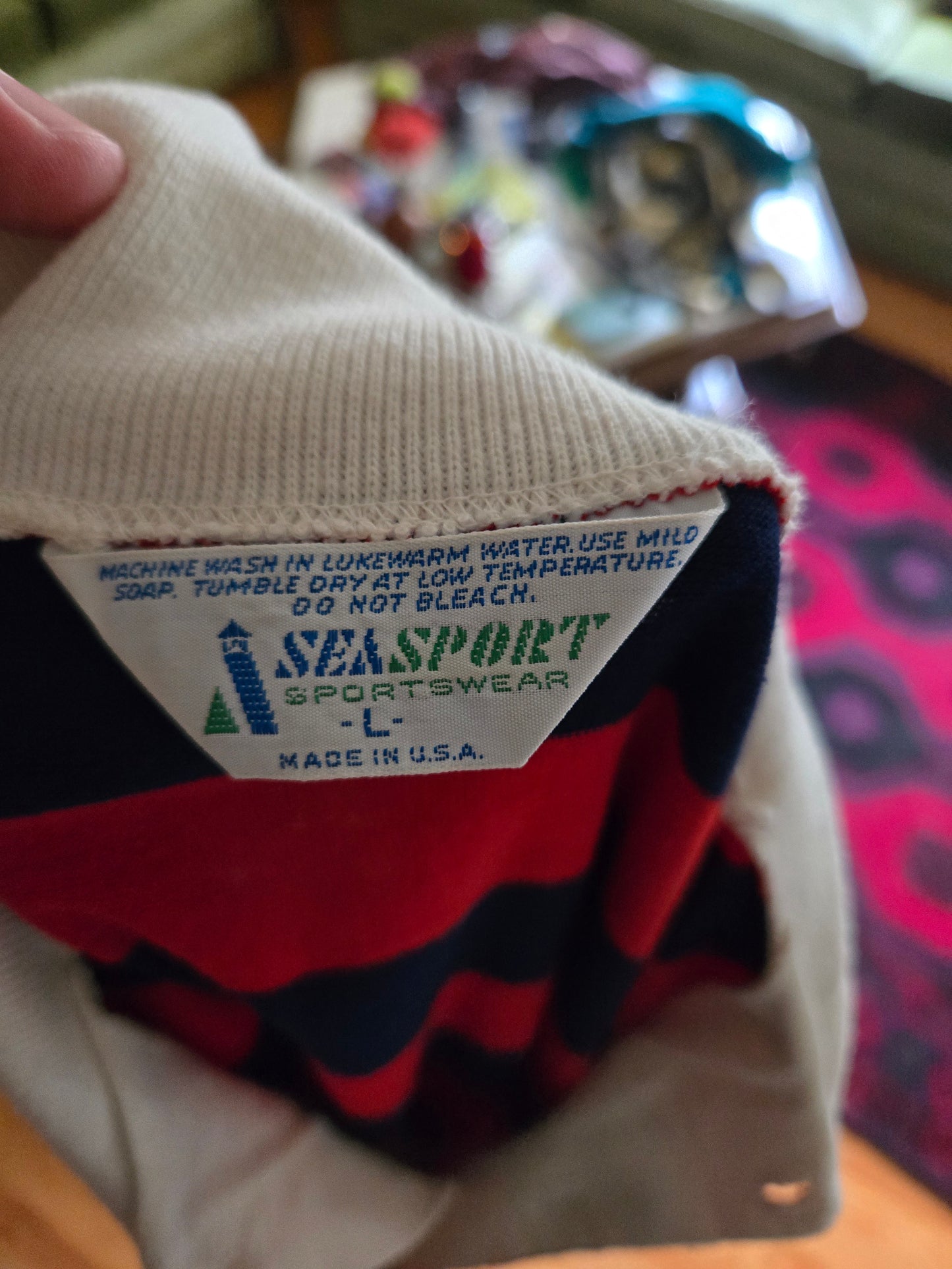 Vintage Short Sleeve Red and Blue Striped Polo Shirt by Seasport Sportswear