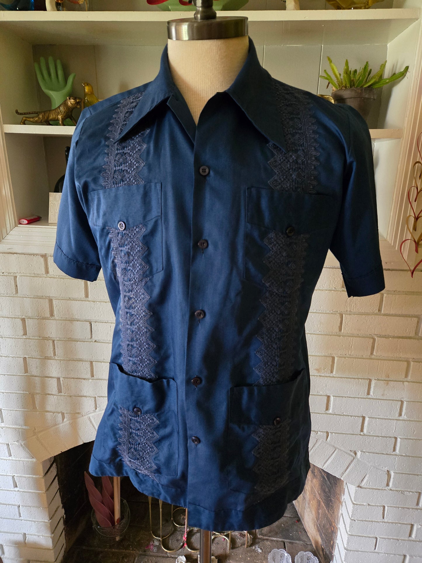Vintage Dark Blue Mexican Wedding Short Sleeve Shirt by La Cubanita