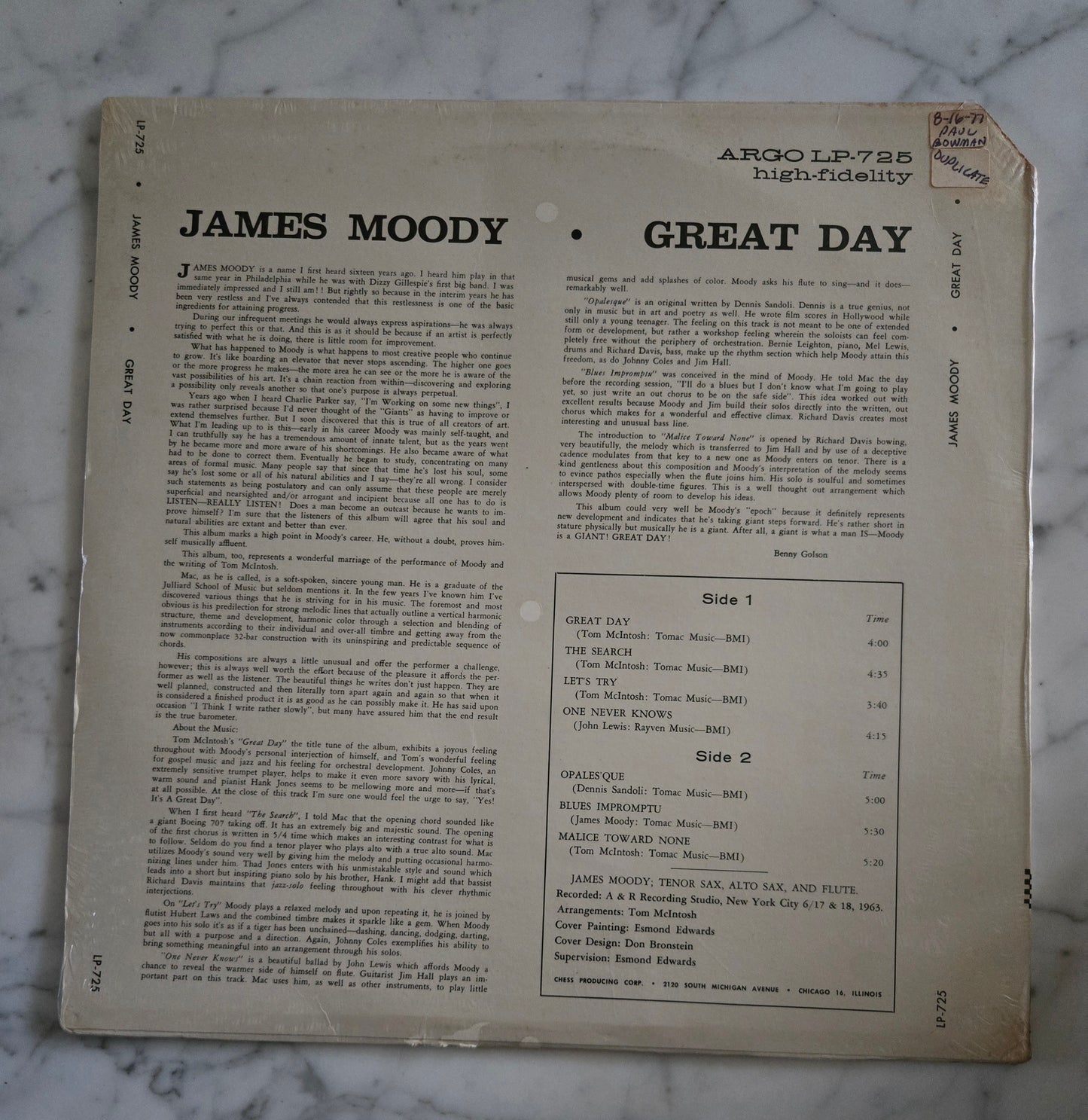 James Moody Great Day Vinyl Record UNOPENED!