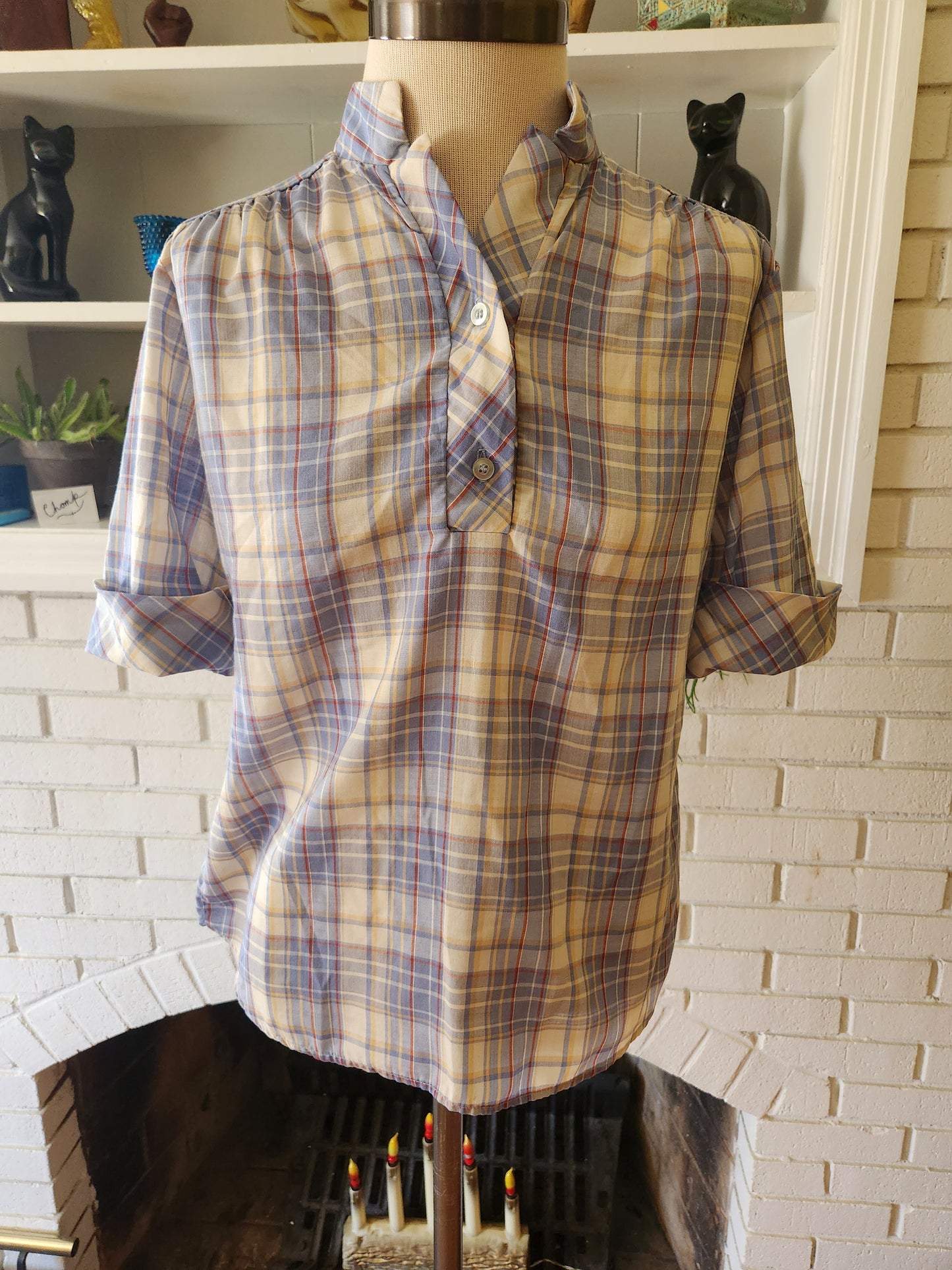 Vintage Short Sleeve Plaid Blouse