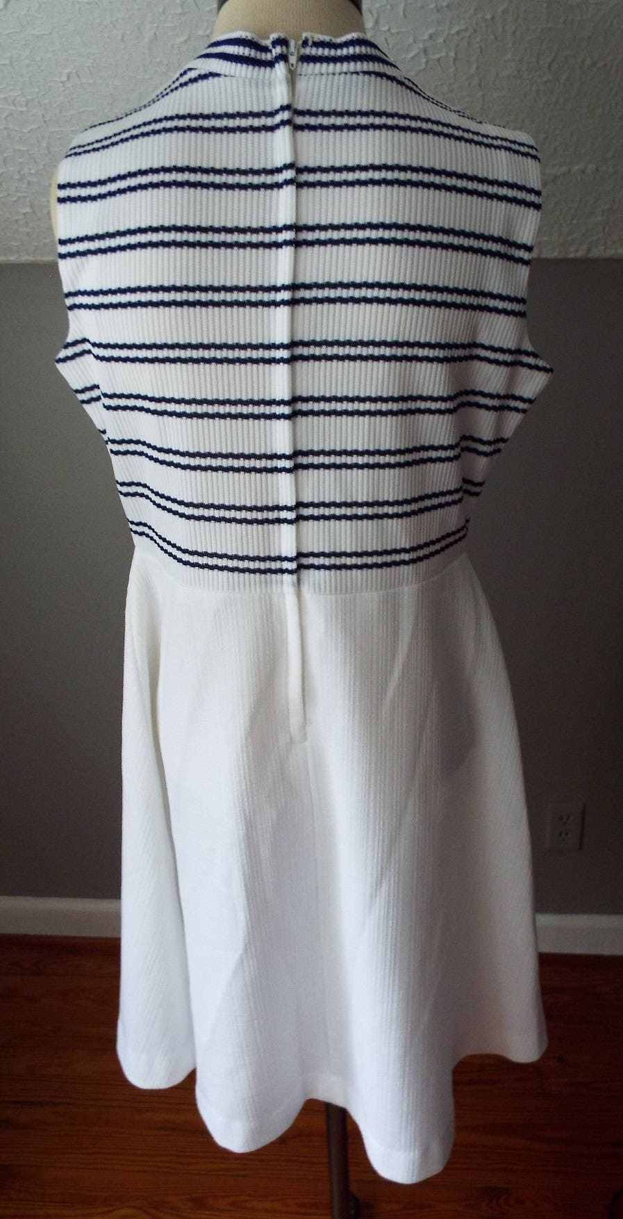 Vintage Sleeveless White Dress with Blue Stripes
