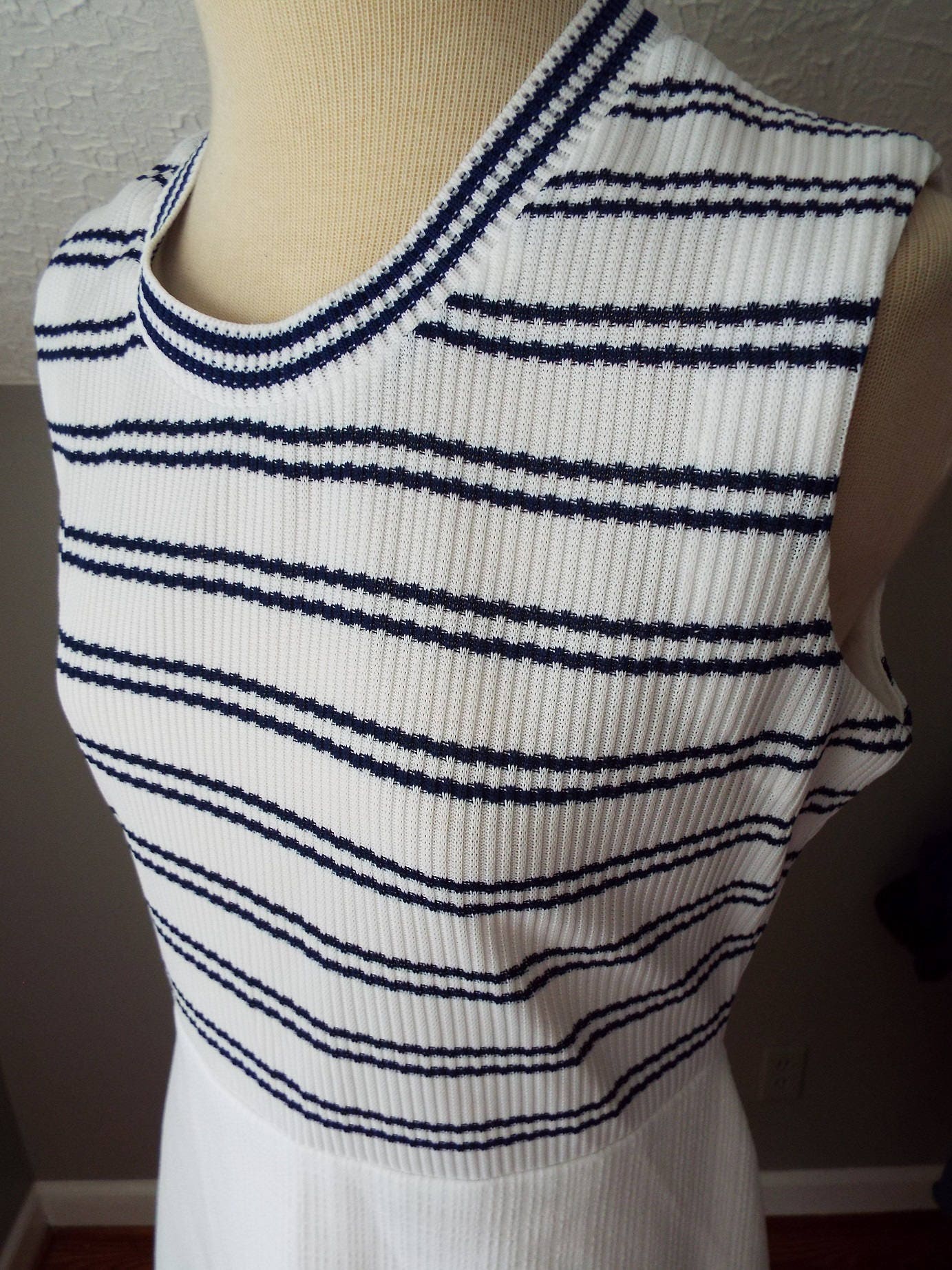 Vintage Sleeveless White Dress with Blue Stripes