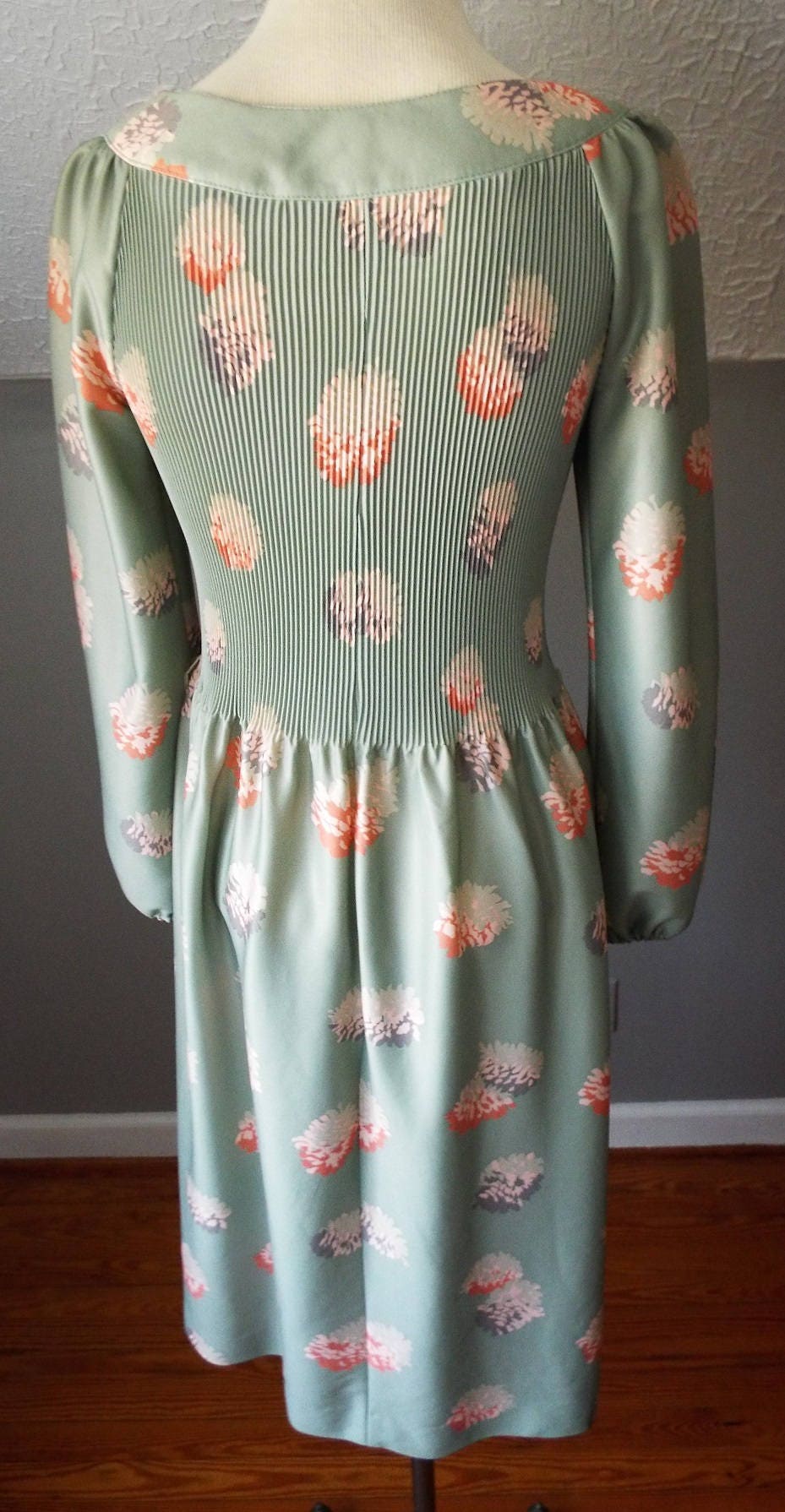 Vintage Long Sleeve Green Floral Print Dress by Andrea Gayle