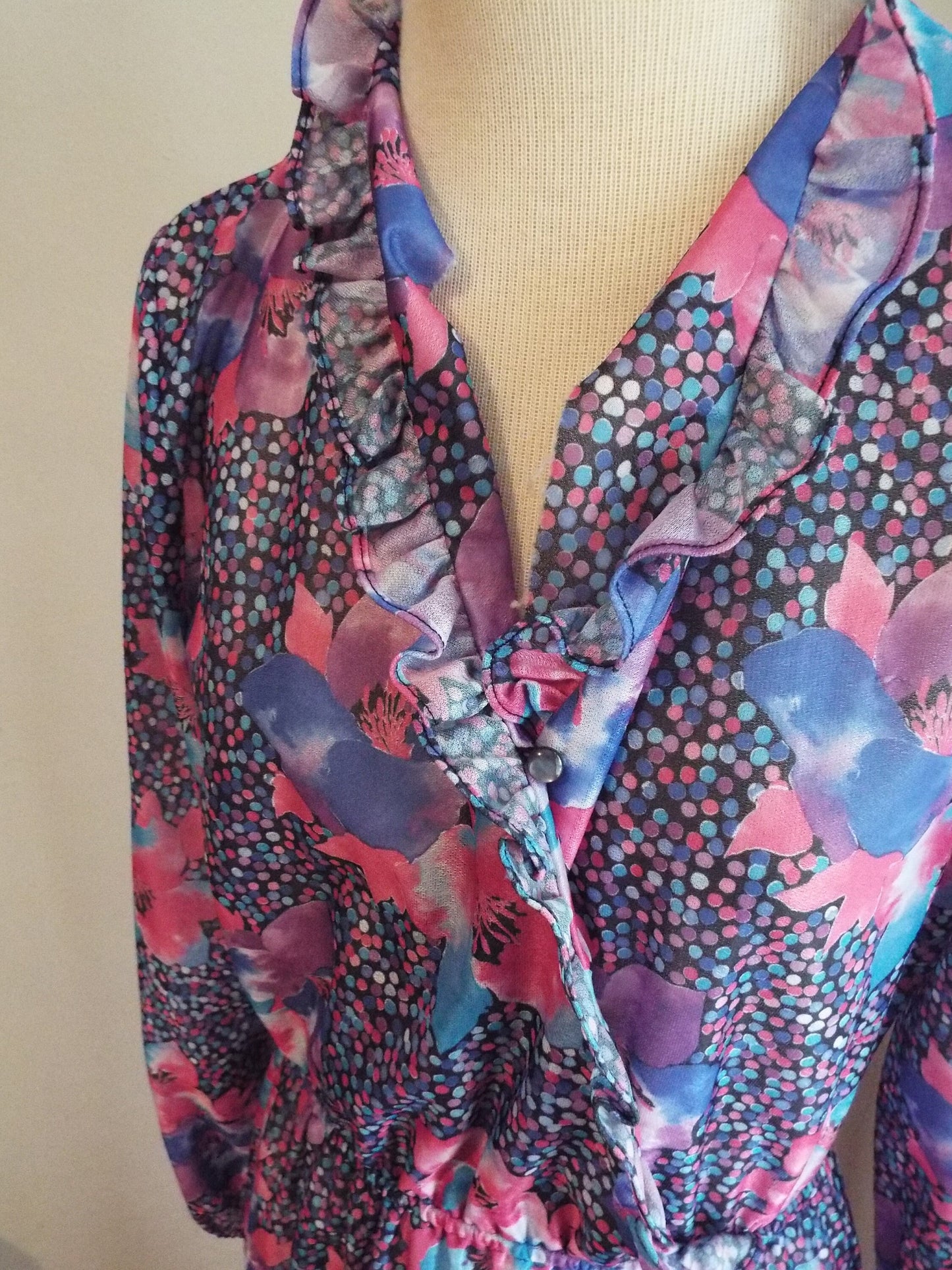 Vintage Long Sleeve Floral and Polka Dot Dress by Montgomery Ward