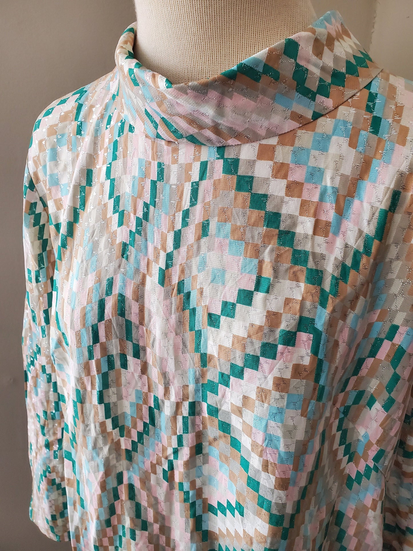 Vintage Long Sleeve Geometric Print Blouse with Shimmer