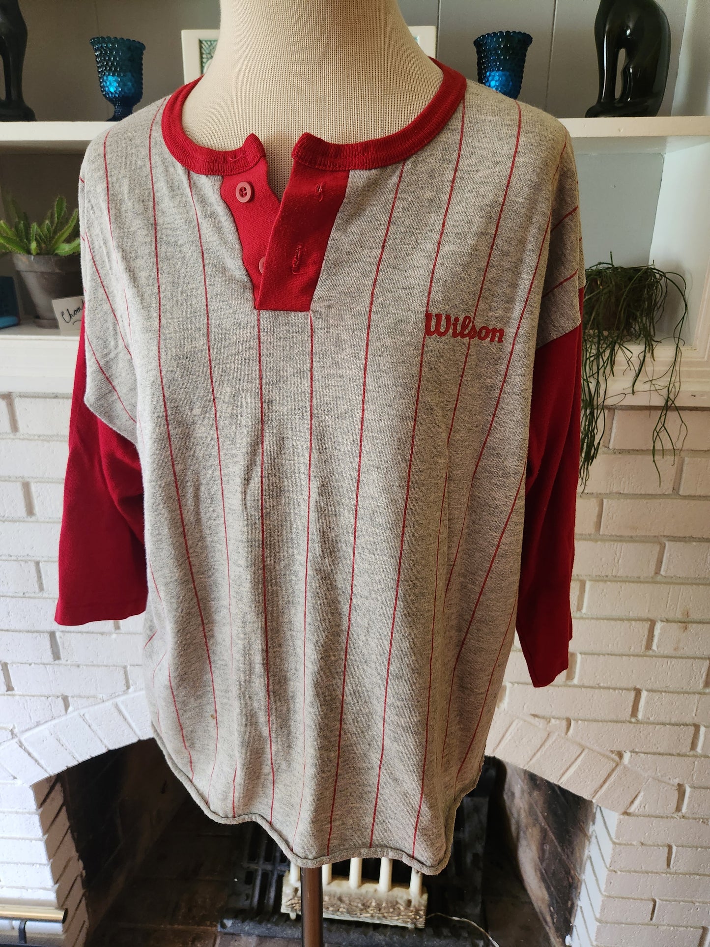 Vintage Red and Gray Pinstriped Raglan T Shirt by Wilson