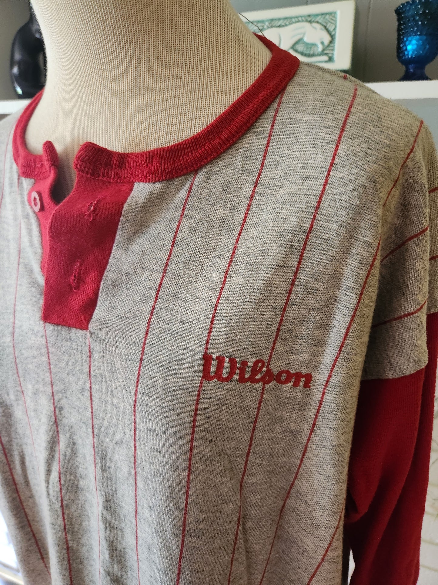 Vintage Red and Gray Pinstriped Raglan T Shirt by Wilson