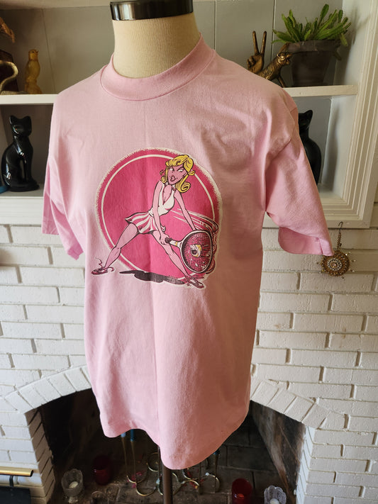 Vintage Pink Tennis Girl T Shirt by Fruit of the Loom