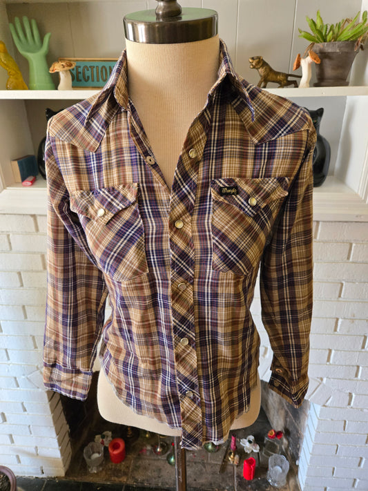 Vintage Long Sleeve Plaid Western Snap Blouse by Wrangler