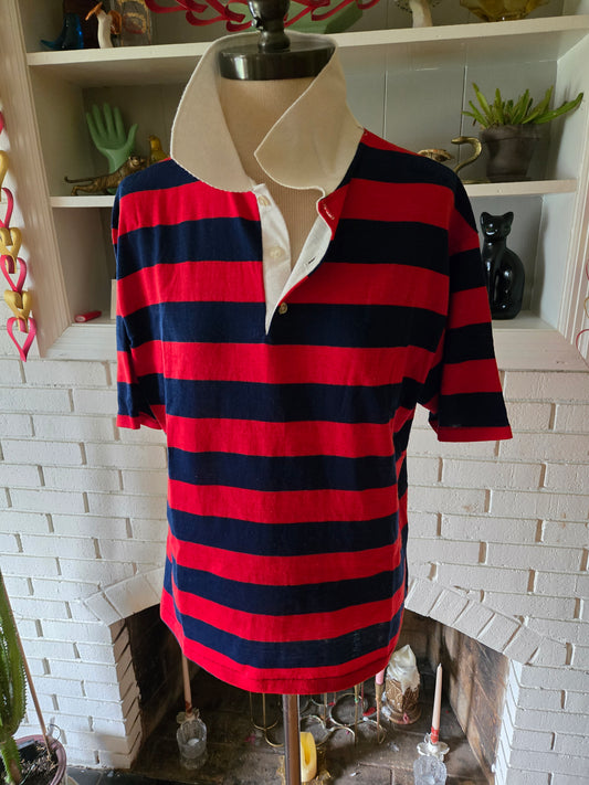 Vintage Short Sleeve Red and Blue Striped Polo Shirt by Seasport Sportswear