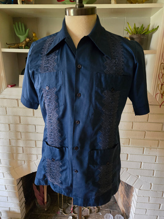 Vintage Dark Blue Mexican Wedding Short Sleeve Shirt by La Cubanita