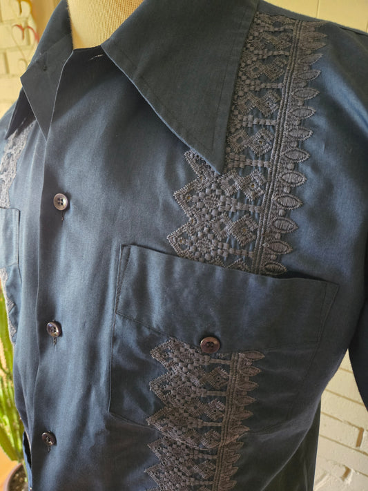 Vintage Dark Blue Mexican Wedding Short Sleeve Shirt by La Cubanita