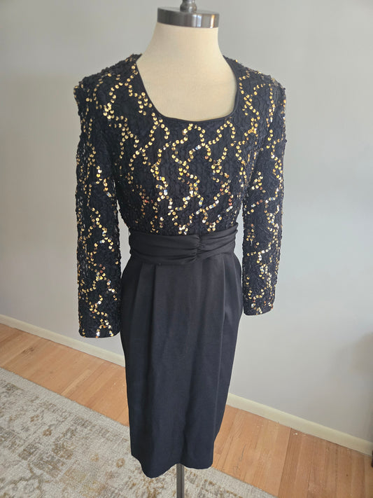 Vintage Long Sleeve Sequined Black Dress by Caron Petite