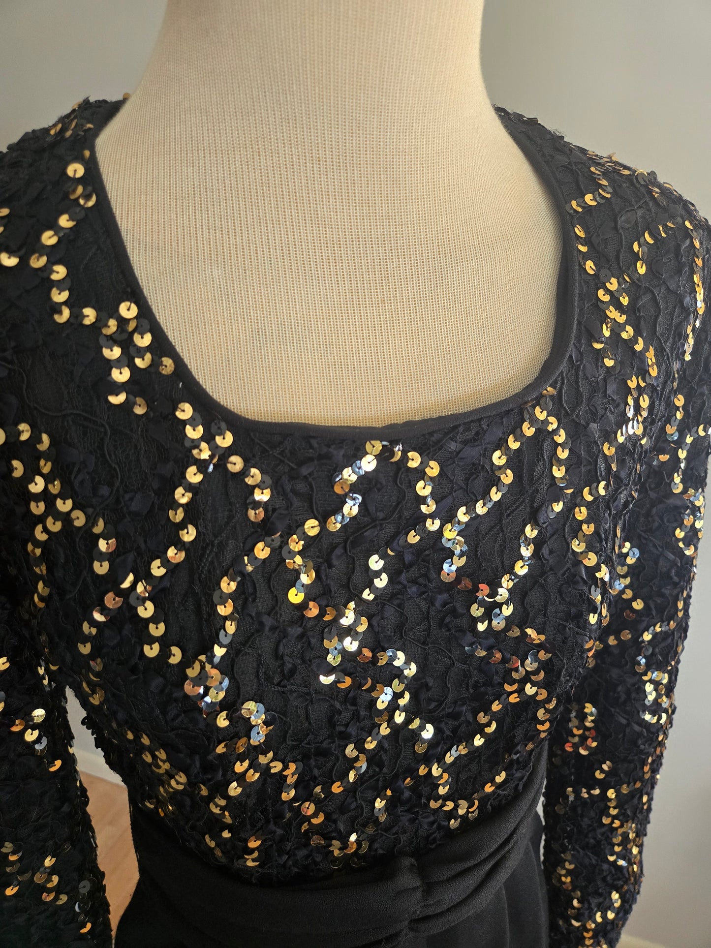 Vintage Long Sleeve Sequined Black Dress by Caron Petite