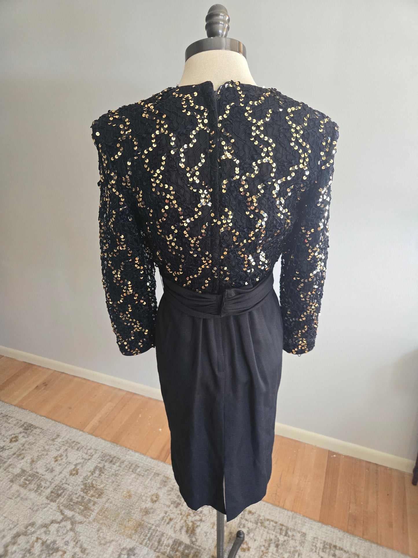 Vintage Long Sleeve Sequined Black Dress by Caron Petite