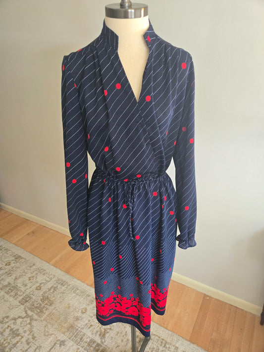 Vintage Long Sleeve Floral and Polka Dot Dress