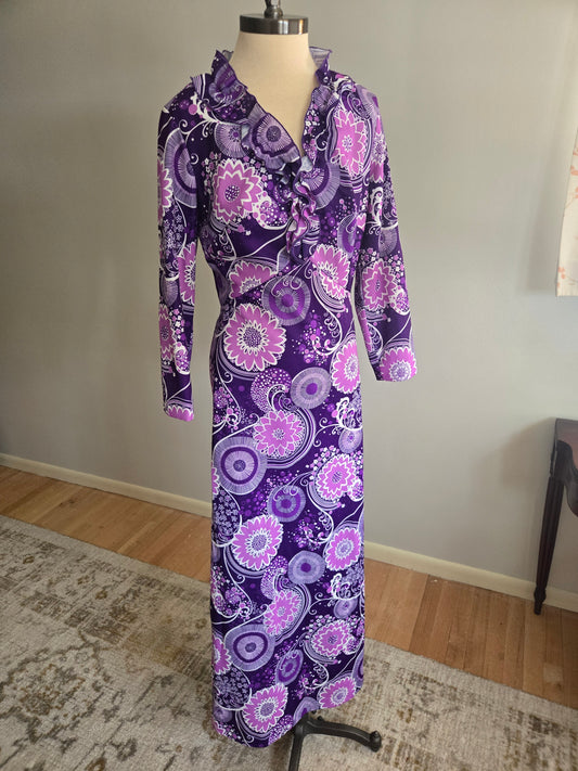 Vintage Long Sleeve Purple Paisley Dress