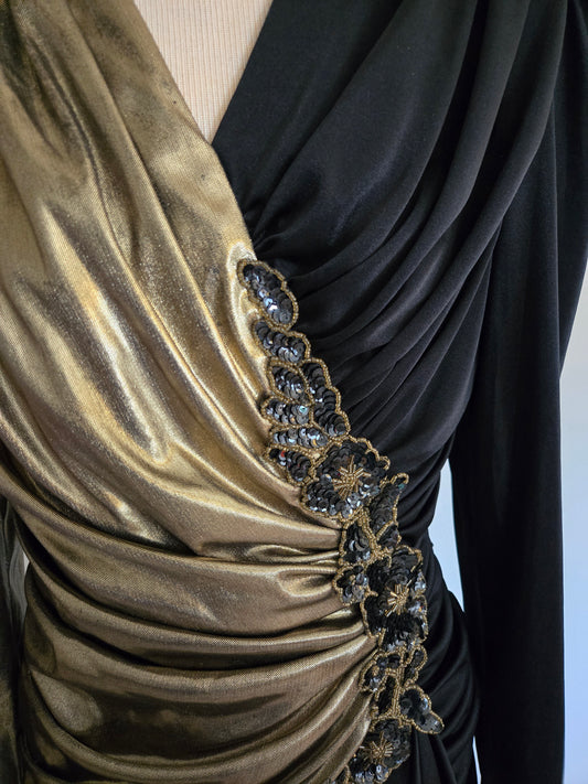 Vintage Long Sleeve Gold and Black Dress by Filigree