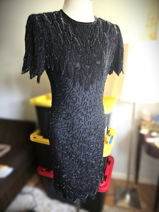 Vintage Short Sleeve Sequined Black Dress by Laurence Kazar