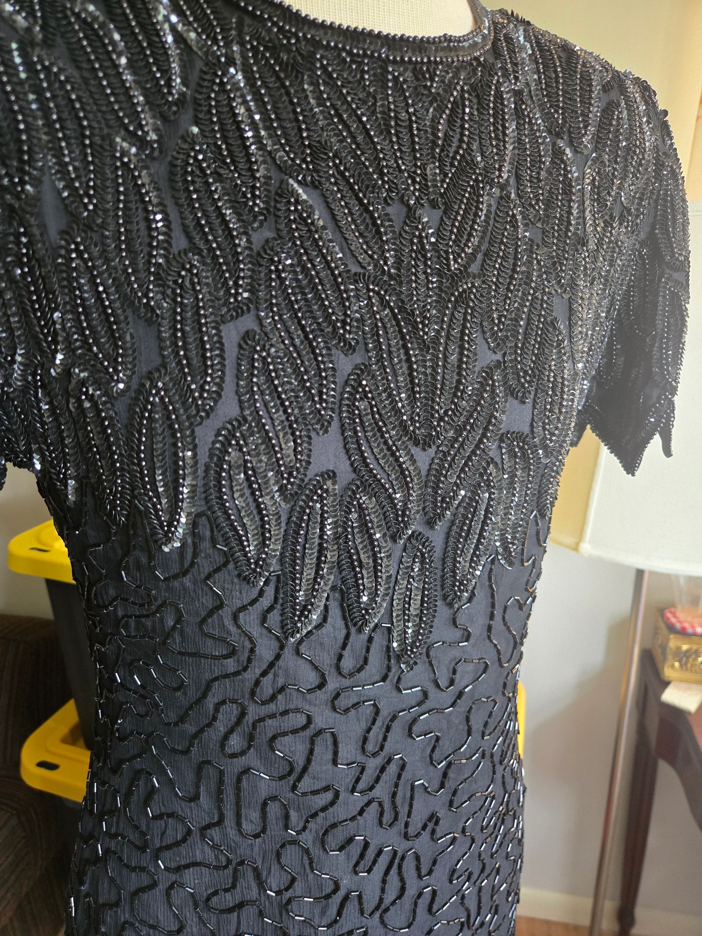 Vintage Short Sleeve Sequined Black Dress by Laurence Kazar