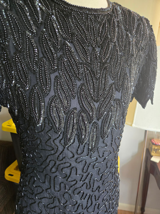 Vintage Short Sleeve Sequined Black Dress by Laurence Kazar