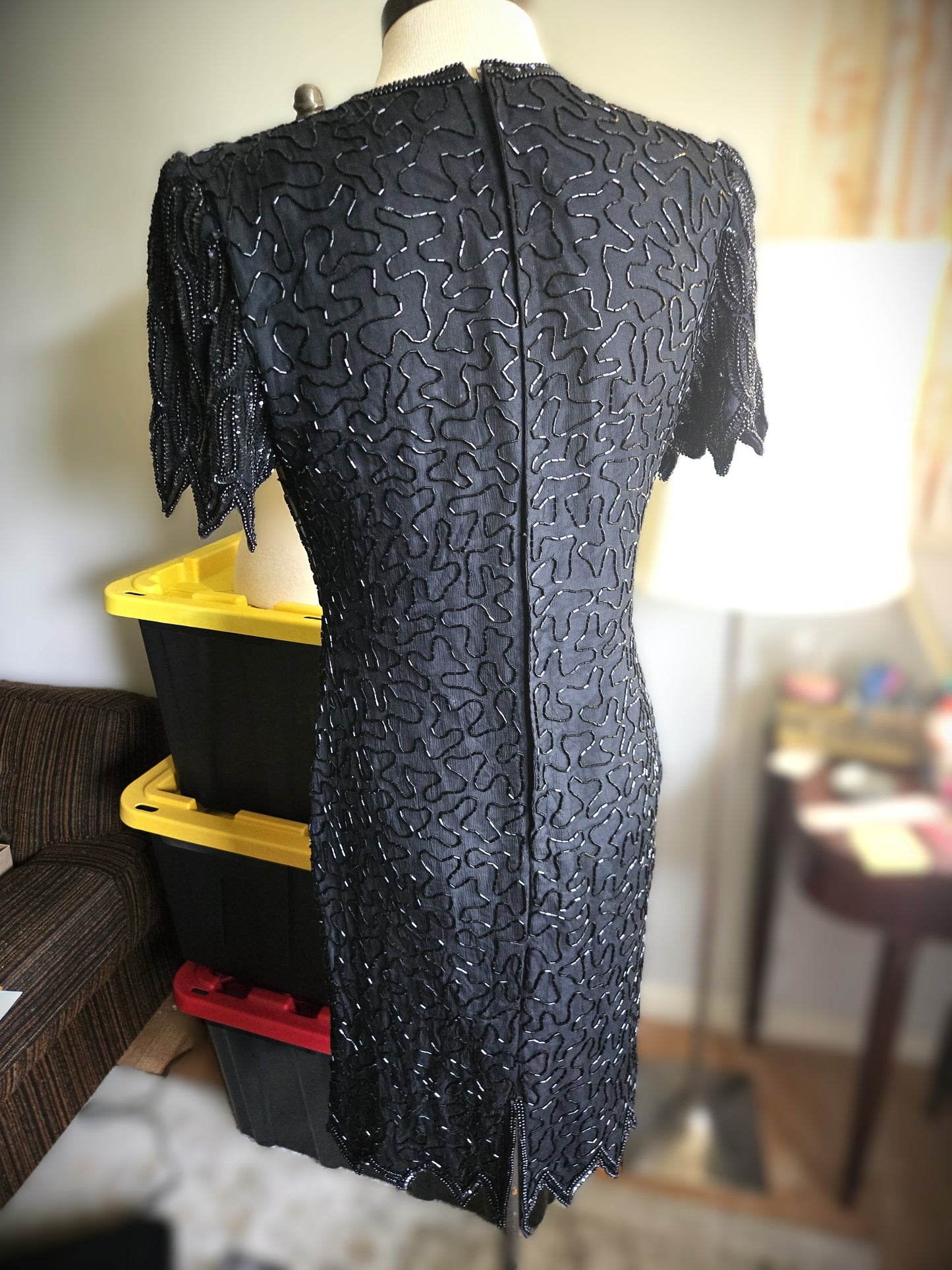 Vintage Short Sleeve Sequined Black Dress by Laurence Kazar