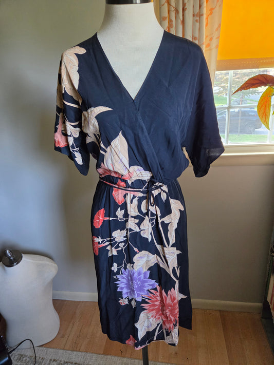Vintage Short Sleeve Floral Print Black Dress by Shangri-La