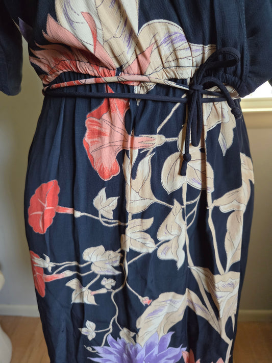 Vintage Short Sleeve Floral Print Black Dress by Shangri-La