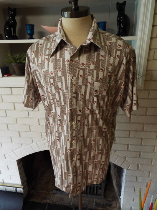 Vintage Short Sleeve Button Down Cycle Print Shirt by Van Heusen