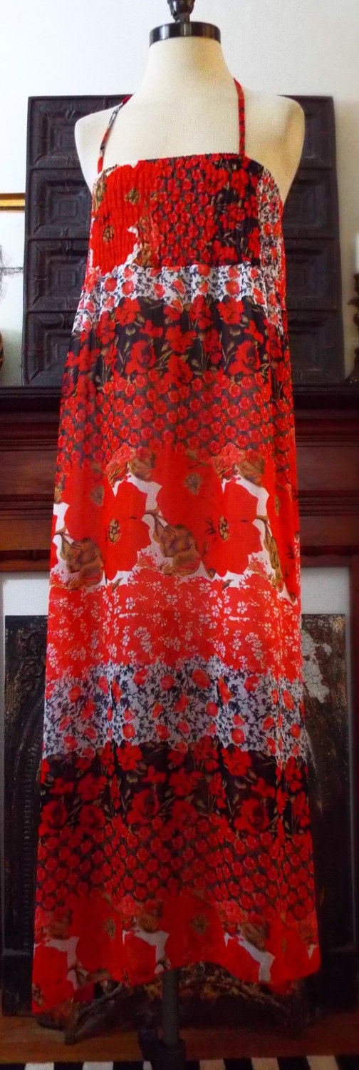 Vintage Sleeveless Red Floral Print Dress