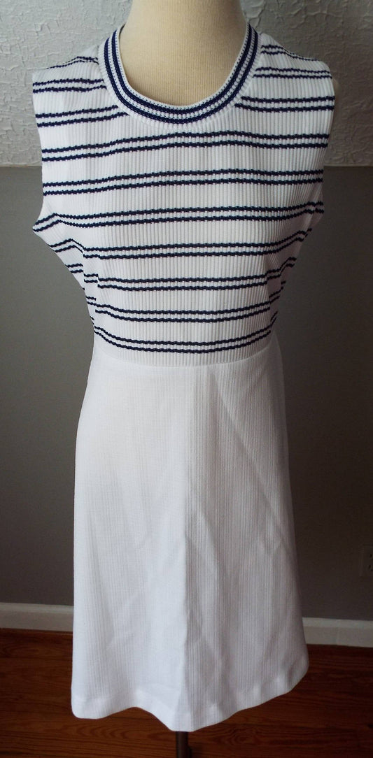 Vintage Sleeveless White Dress with Blue Stripes