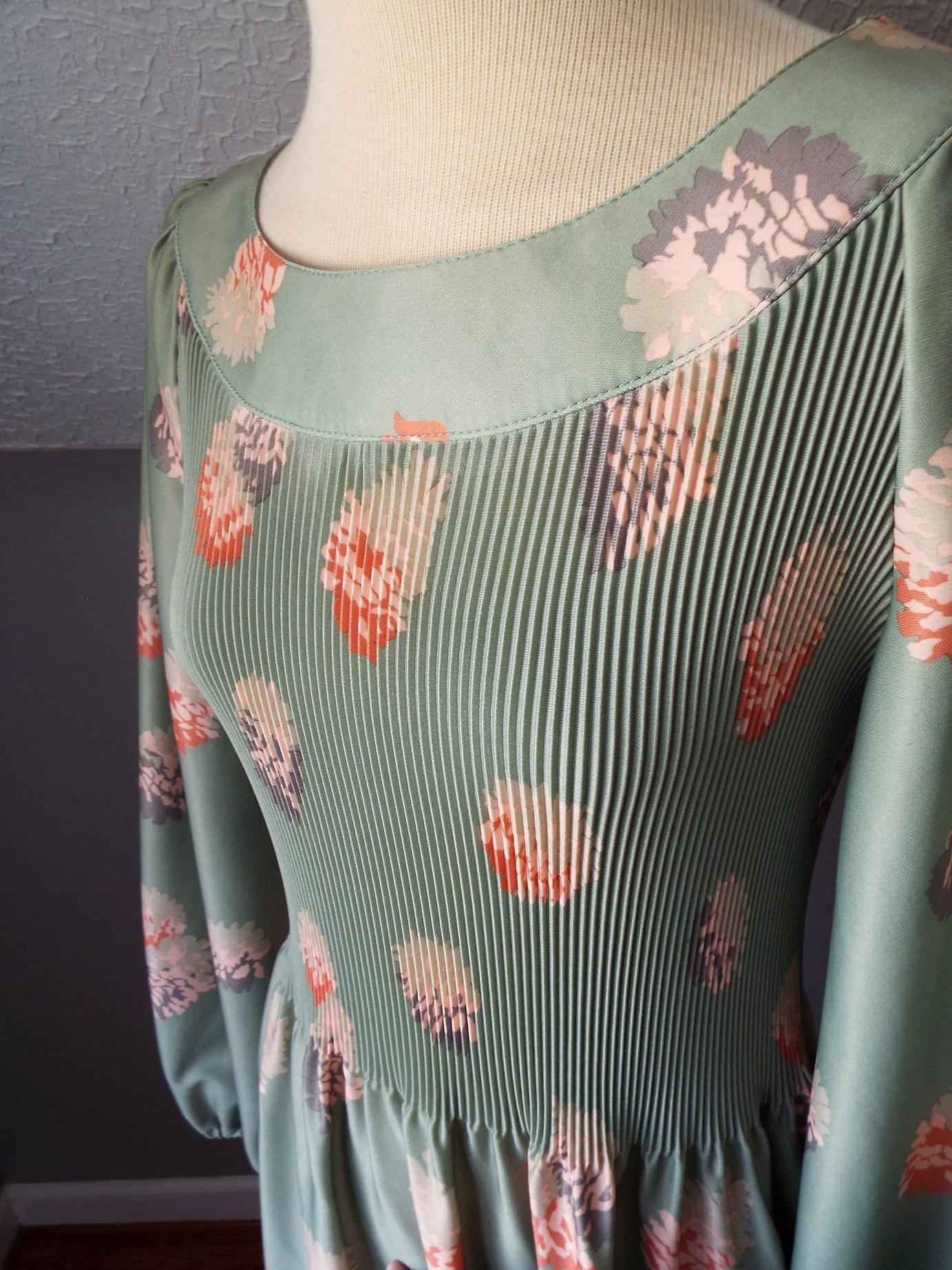 Vintage Long Sleeve Green Floral Print Dress by Andrea Gayle