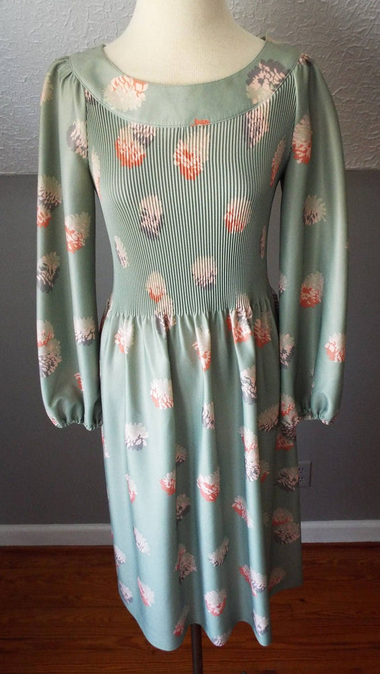 Vintage Long Sleeve Green Floral Print Dress by Andrea Gayle