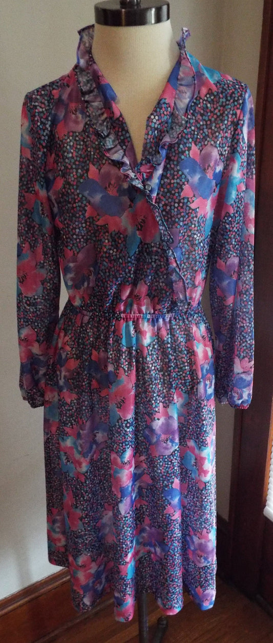 Vintage Long Sleeve Floral and Polka Dot Dress by Montgomery Ward