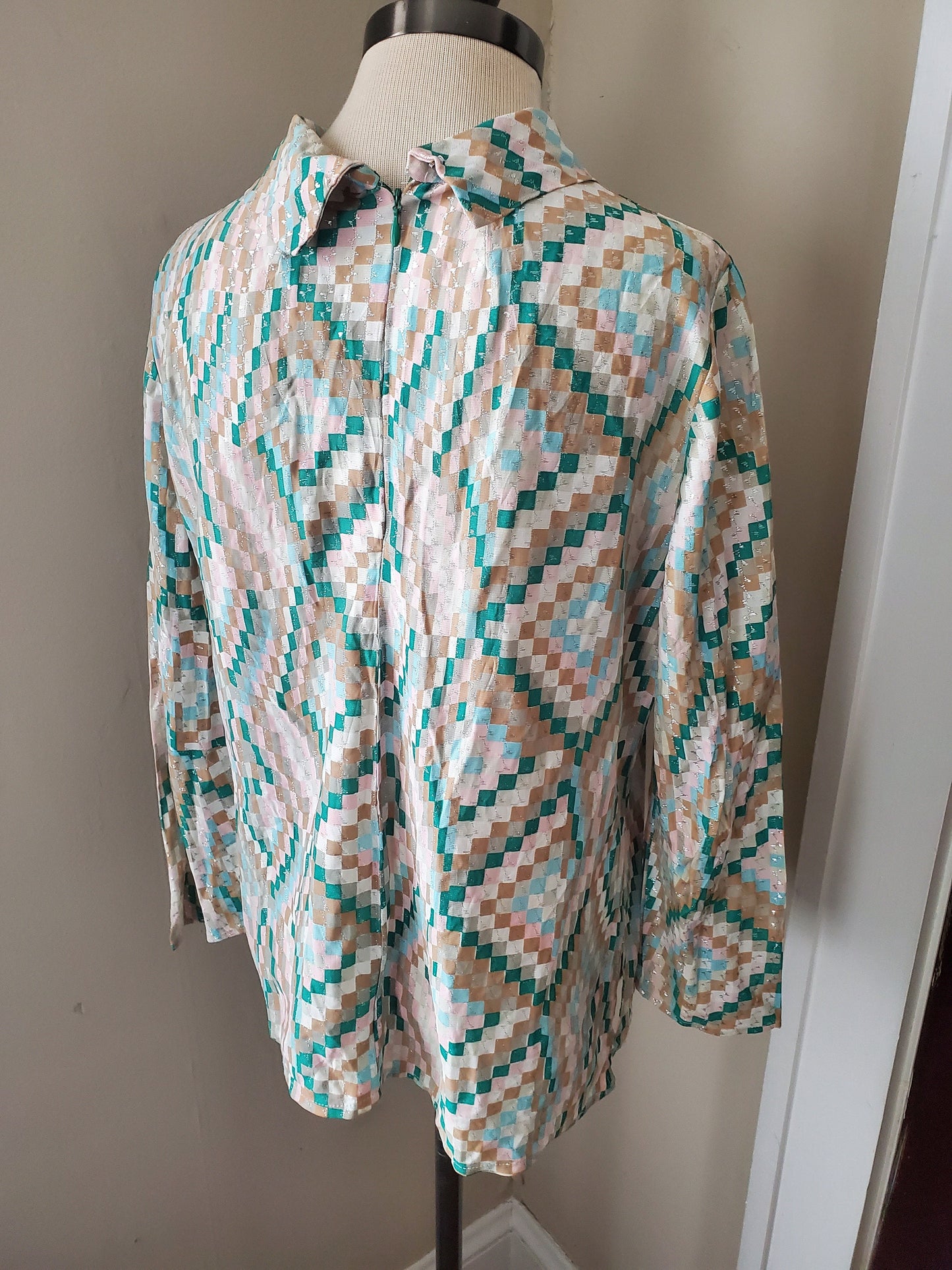 Vintage Long Sleeve Geometric Print Blouse with Shimmer