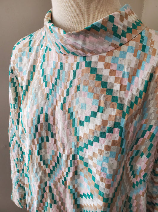 Vintage Long Sleeve Geometric Print Blouse with Shimmer