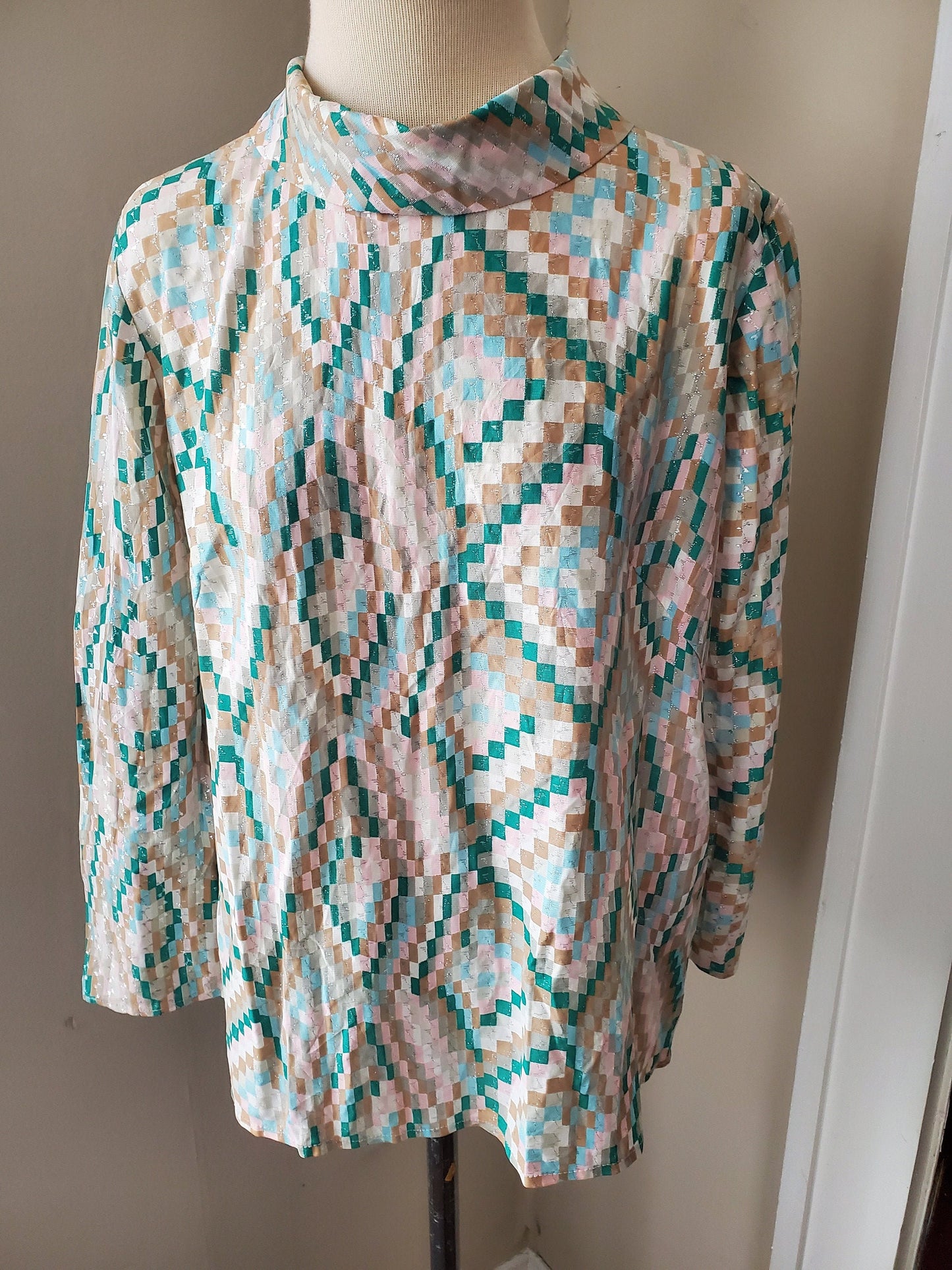 Vintage Long Sleeve Geometric Print Blouse with Shimmer