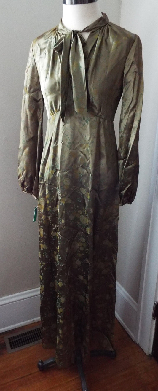 Vintage UNWORN Long Sleeve Olive Gold Floral Dress