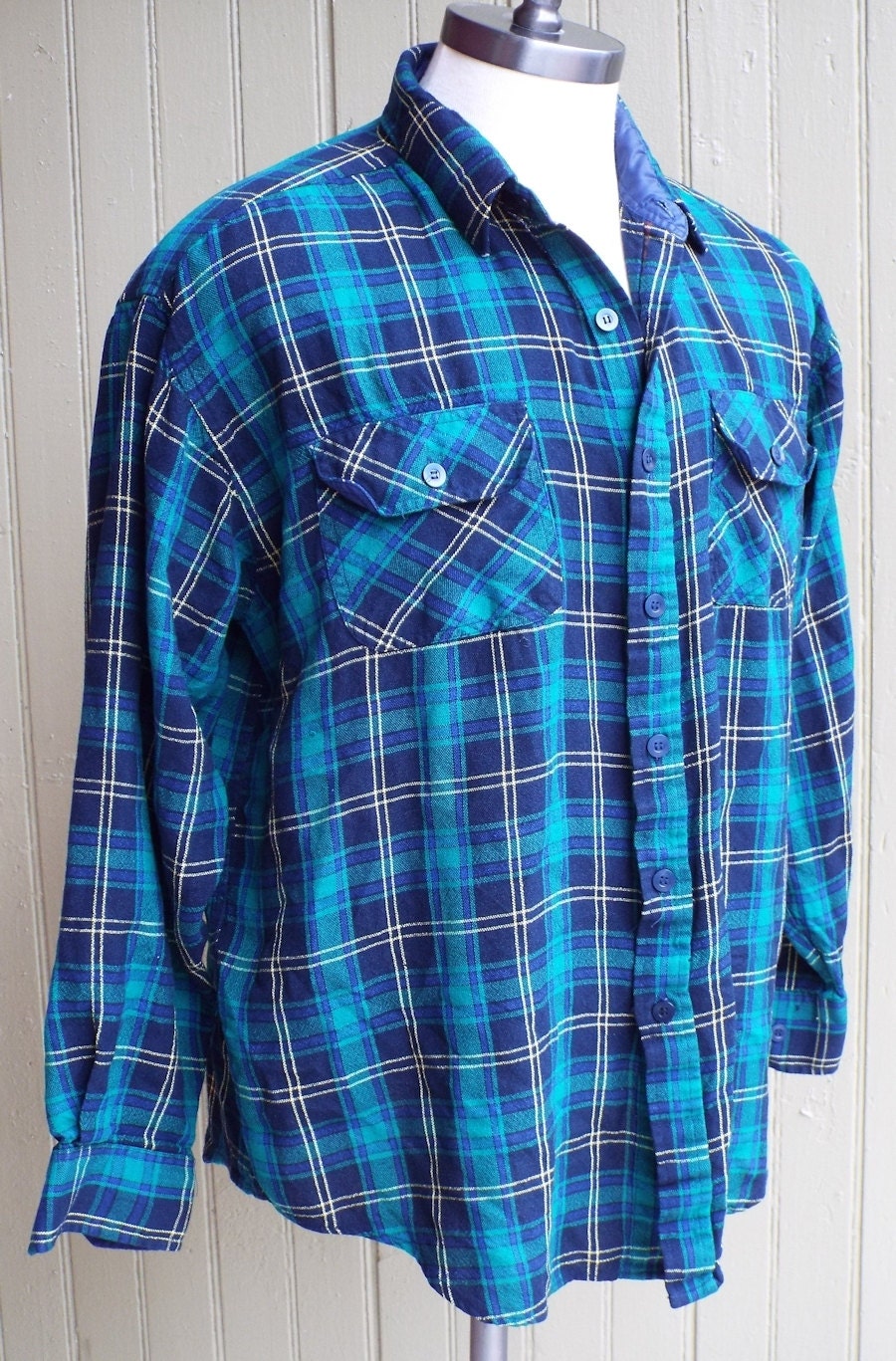 Vintage Long Sleeve Button Down Blue Plaid Shirt by Royal Choice